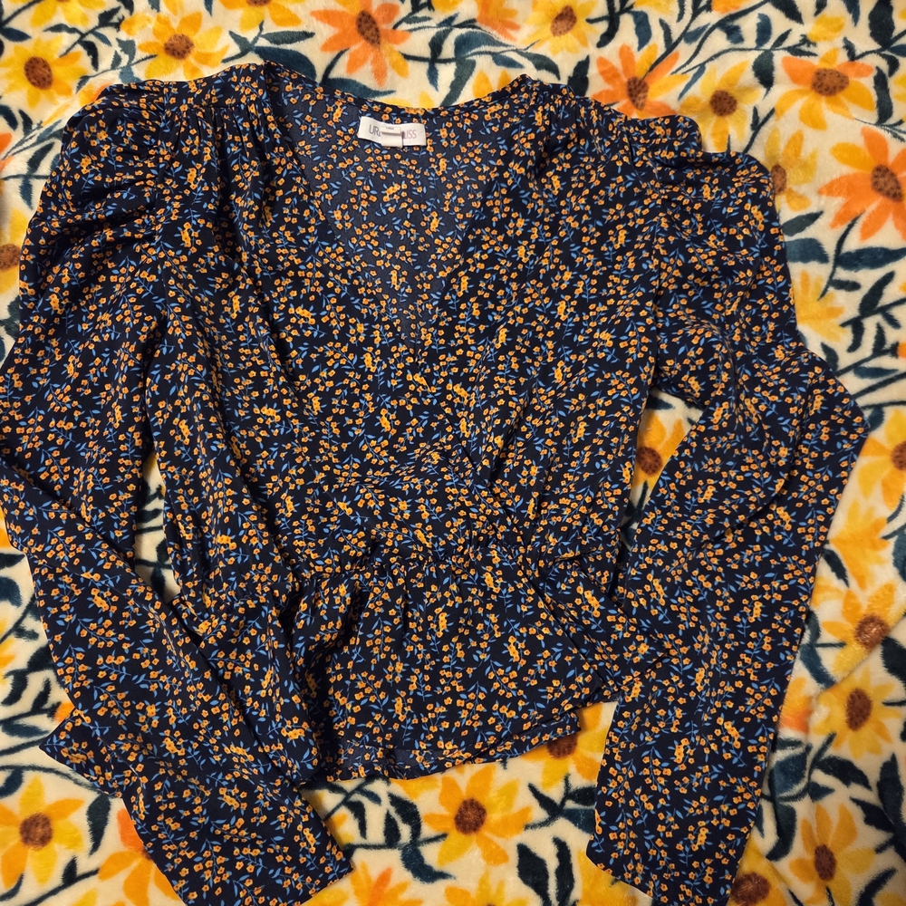 Floral Navy Peplum Blouse with Puff Sleeves
